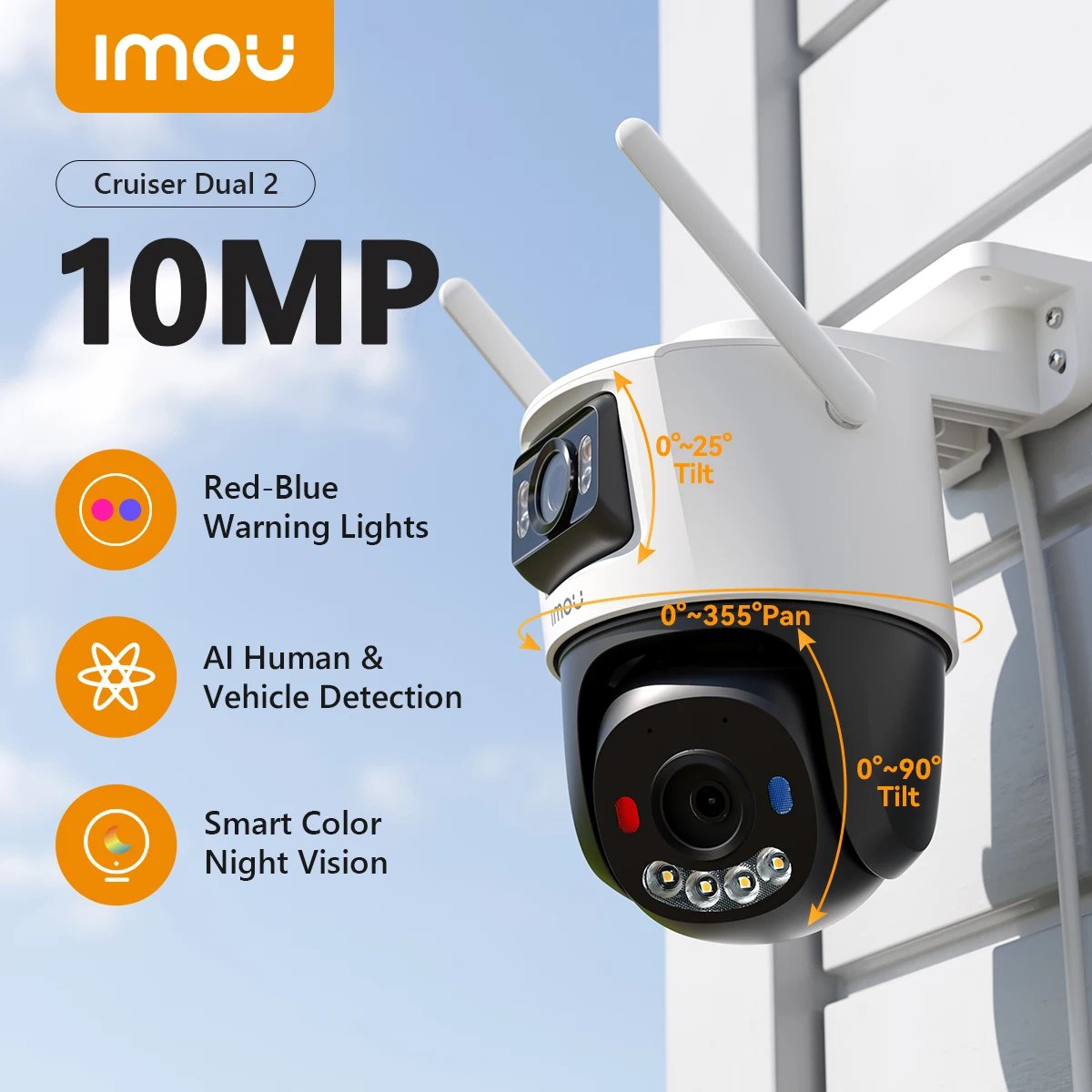 2025/08/1001607821.jpg IMOU Cruiser Dual 2 10MP(5MP+5MP) Outdoor Dual Lens Red-Bule Warning Light PTZ WiFi Camera Vehicle & Human Detection Surveillance - Image 1
